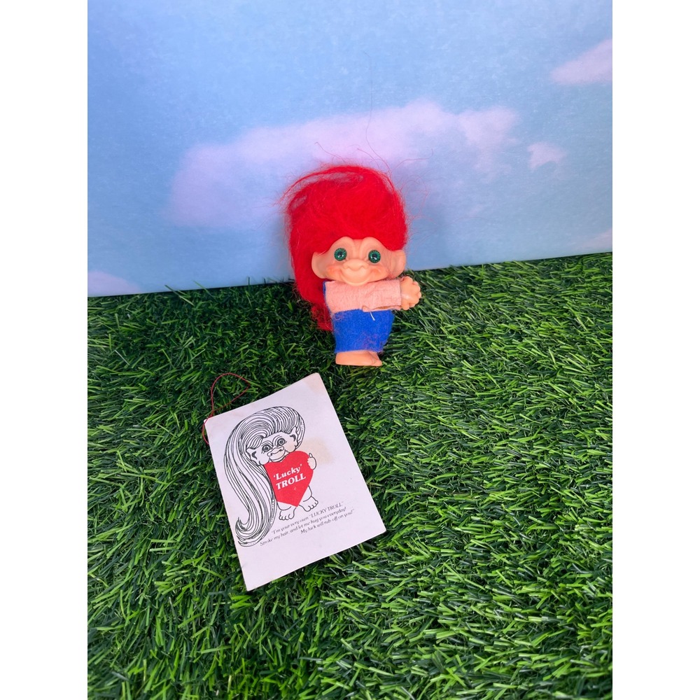 Vintage Lucky Troll Doll Red Hair Green Eyes with Original Tag Retro Toy